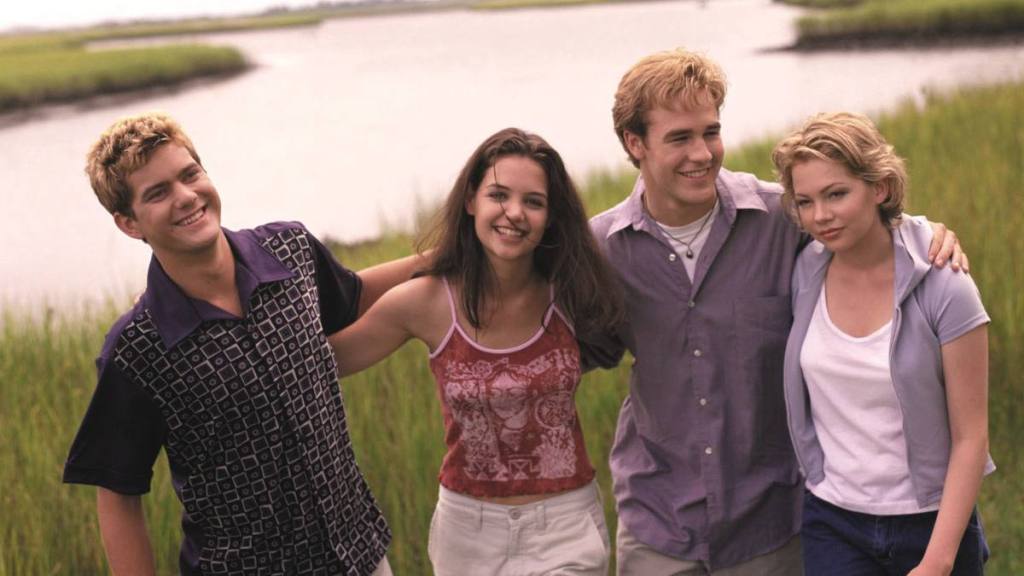 group of friends smiling; Dawson's Creek cast