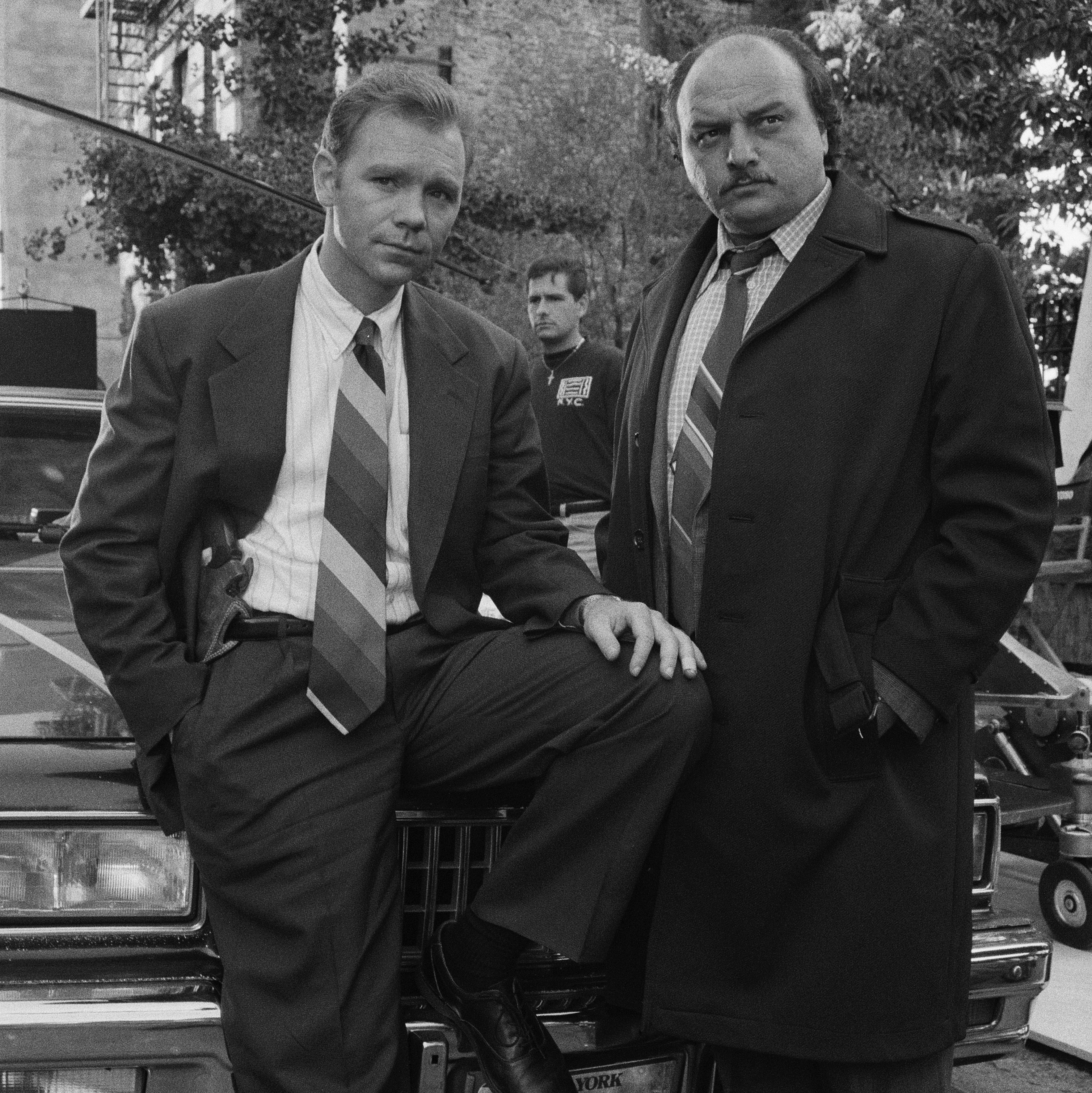 Dennis Franz and David Caruso on the set of NYPD Blue, 1993