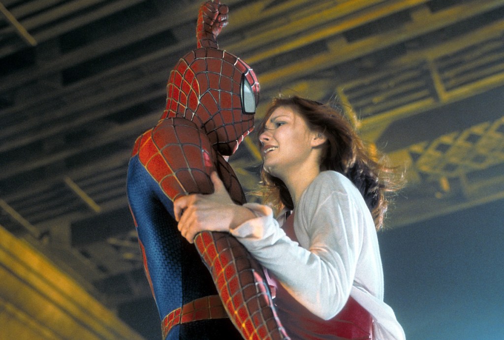 Spiderman and Kirsten Dunst in a scene from the film 'Spiderman', 2002