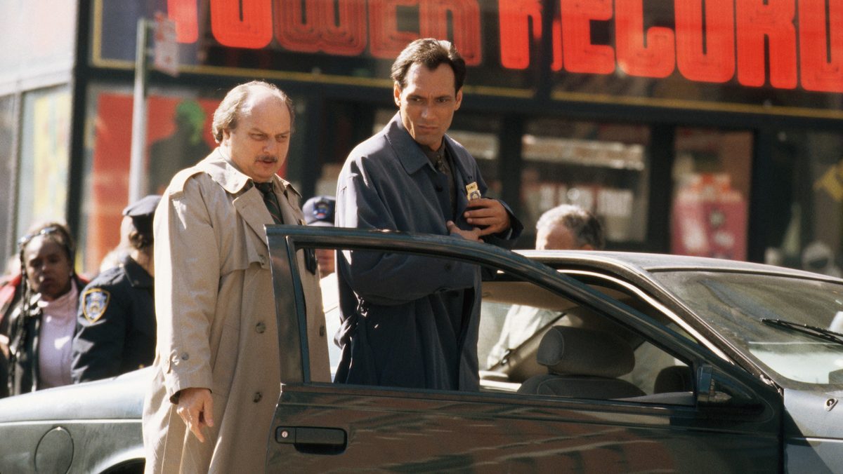 Dennis Franz and Jimmy Smits on the set of NYPD Blue, 1997