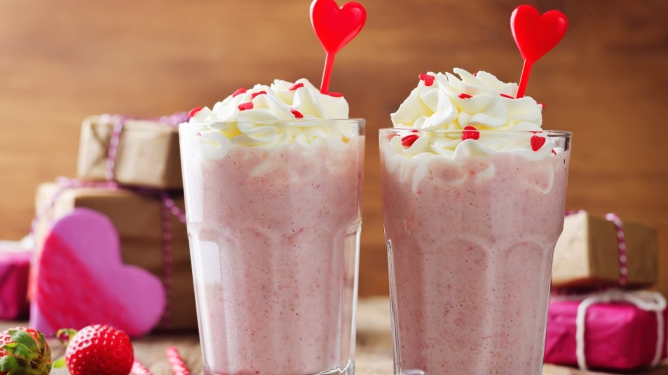 Two milkshakes with heart sprinkles; valentine's day freebies
