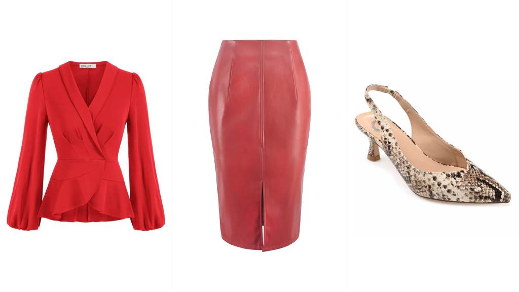 red leather midi skirt with red blouse and snake print heels