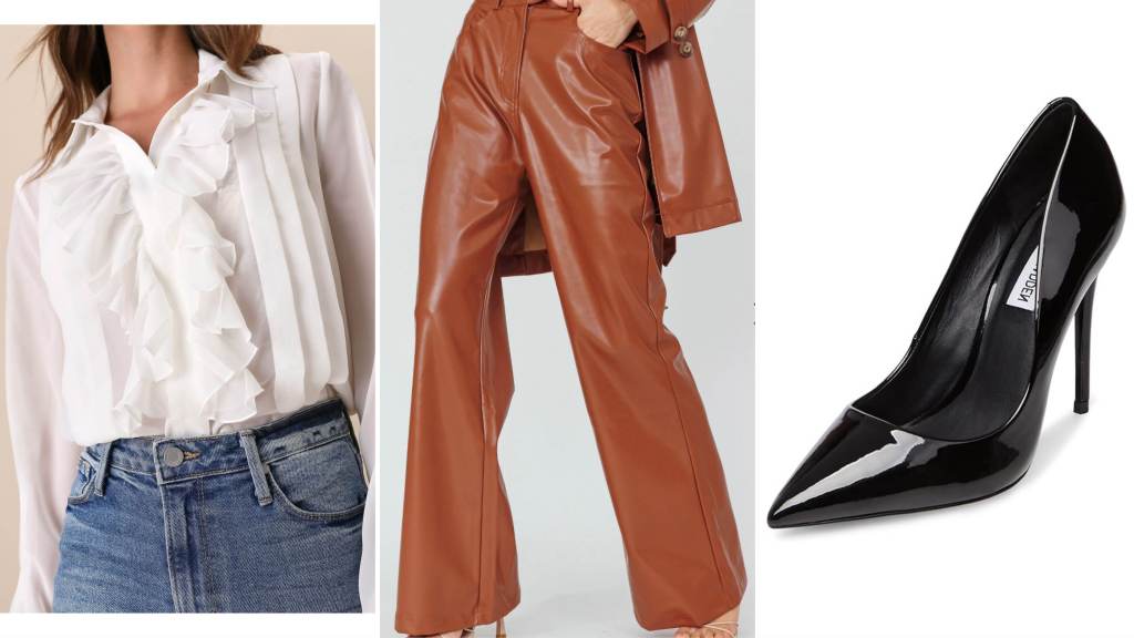 brown leather pants with white frilly blouse