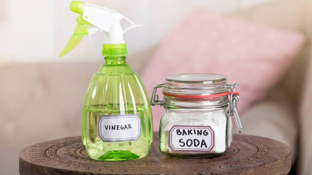 How to remove egg dye from hands: Using baking soda Sodium bicarbonate and white vinegar for home cleaning. White vinegar in spray bottle and baking soda in glass jar.