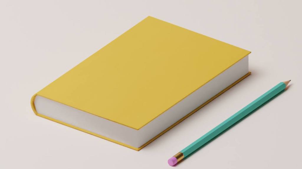 uses for pencil erasers: Yellow color book next to a blue color pencil on the background isolated digitally generated image. Concept of school and education.
