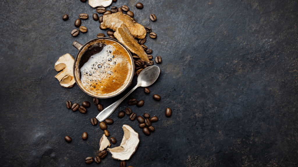 Mushroom Chaga Coffee, dry and fresh mushrooms and coffee beans on dark background
