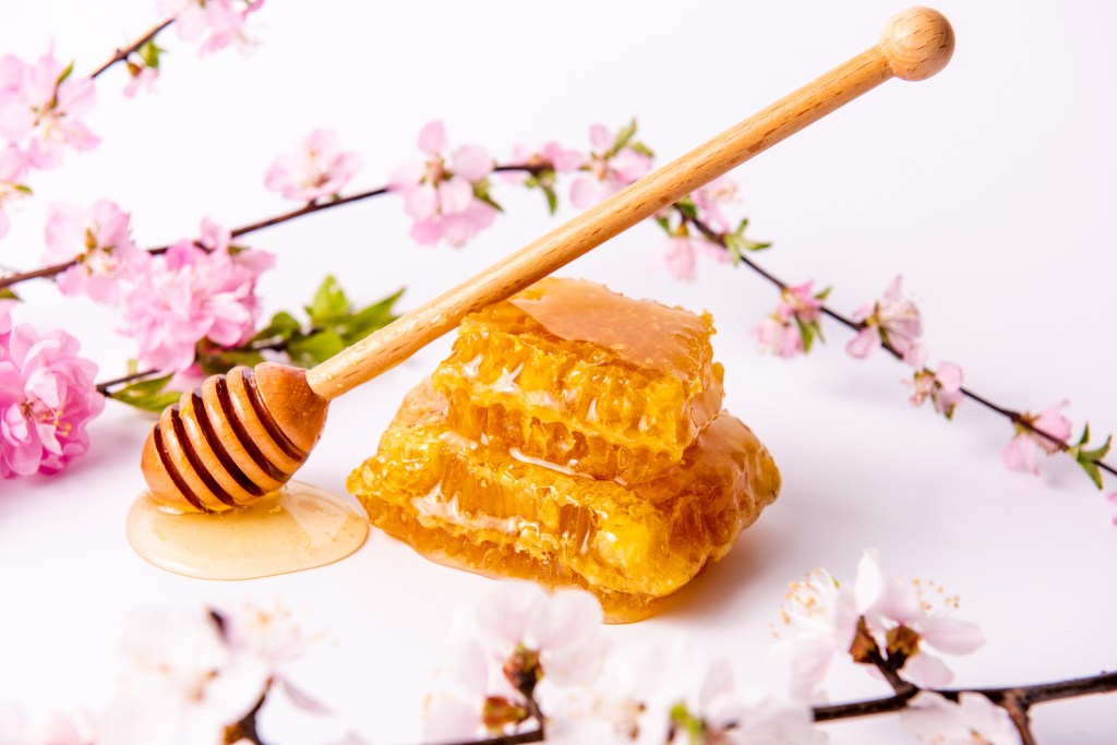 honeycomb with honey surrounded by flowers