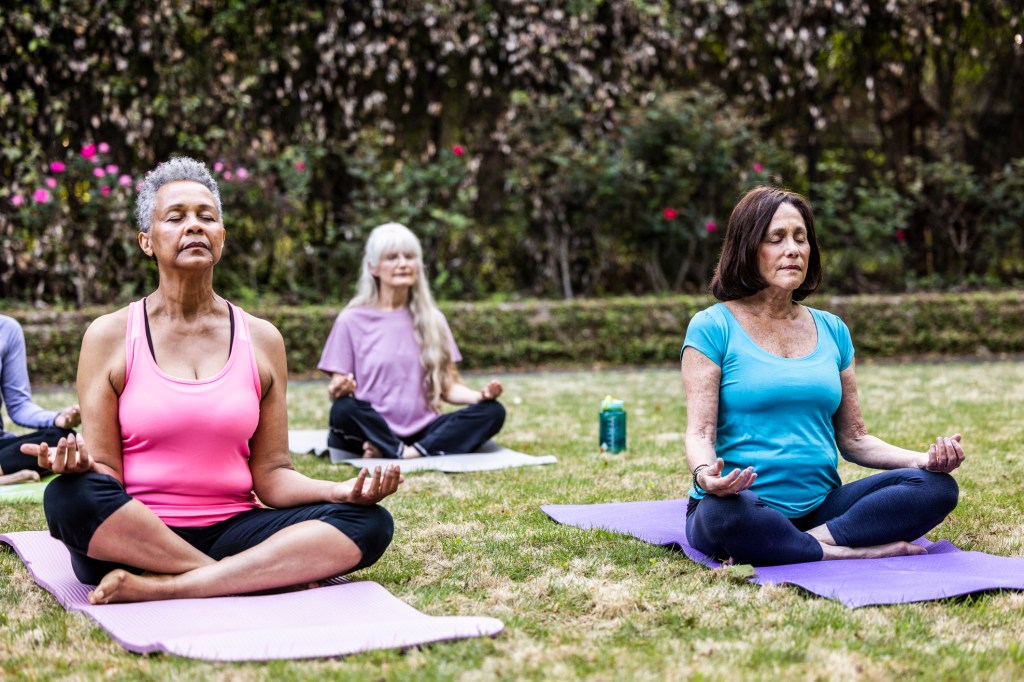 Senior women doing outdoor yoga class