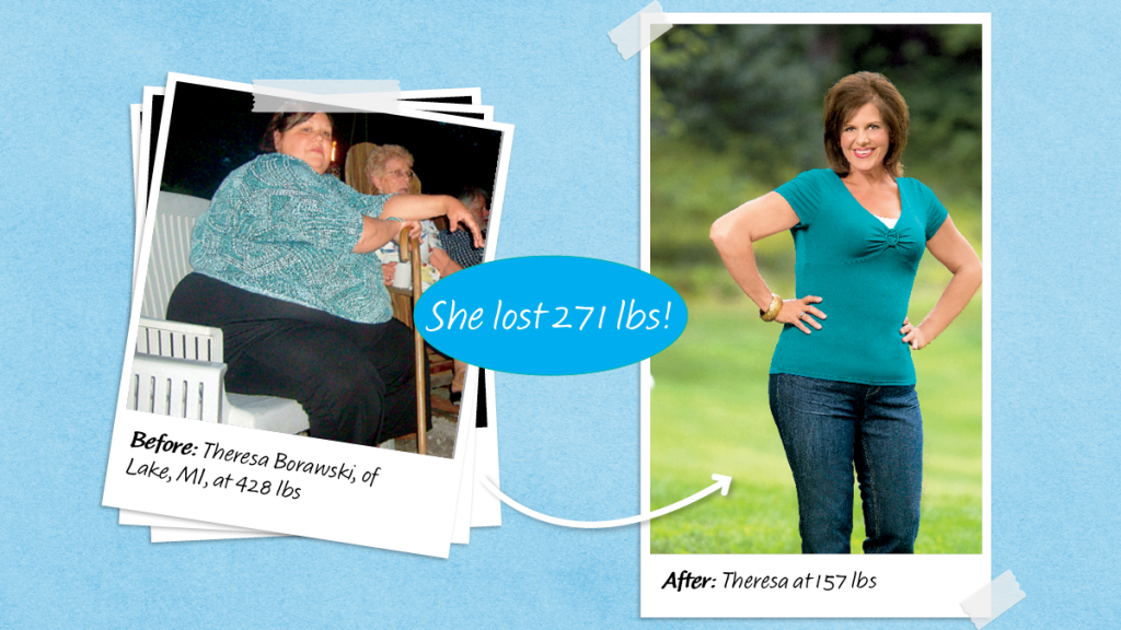 Before and after of Theresa Borawski, who lost weight to avoid weight loss surgery!