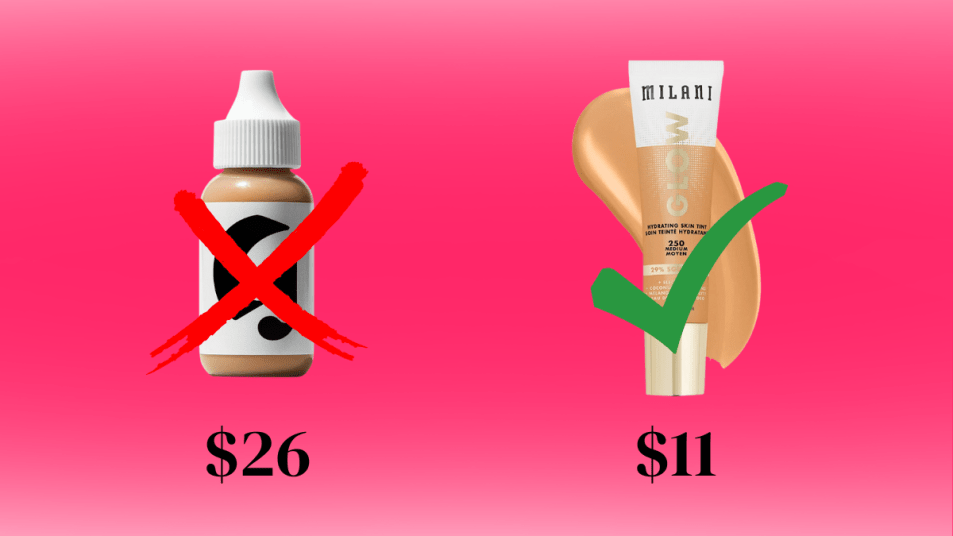 concept for save on beauty: glossier product crossed out, milani product check marked green