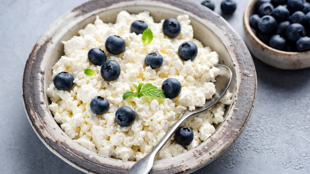 cottage cheese trend: Cottage cheese, quark, tvorog in bowl with blueberries. Closeup view. Rich in Protein and Calcium healthy dairy product
