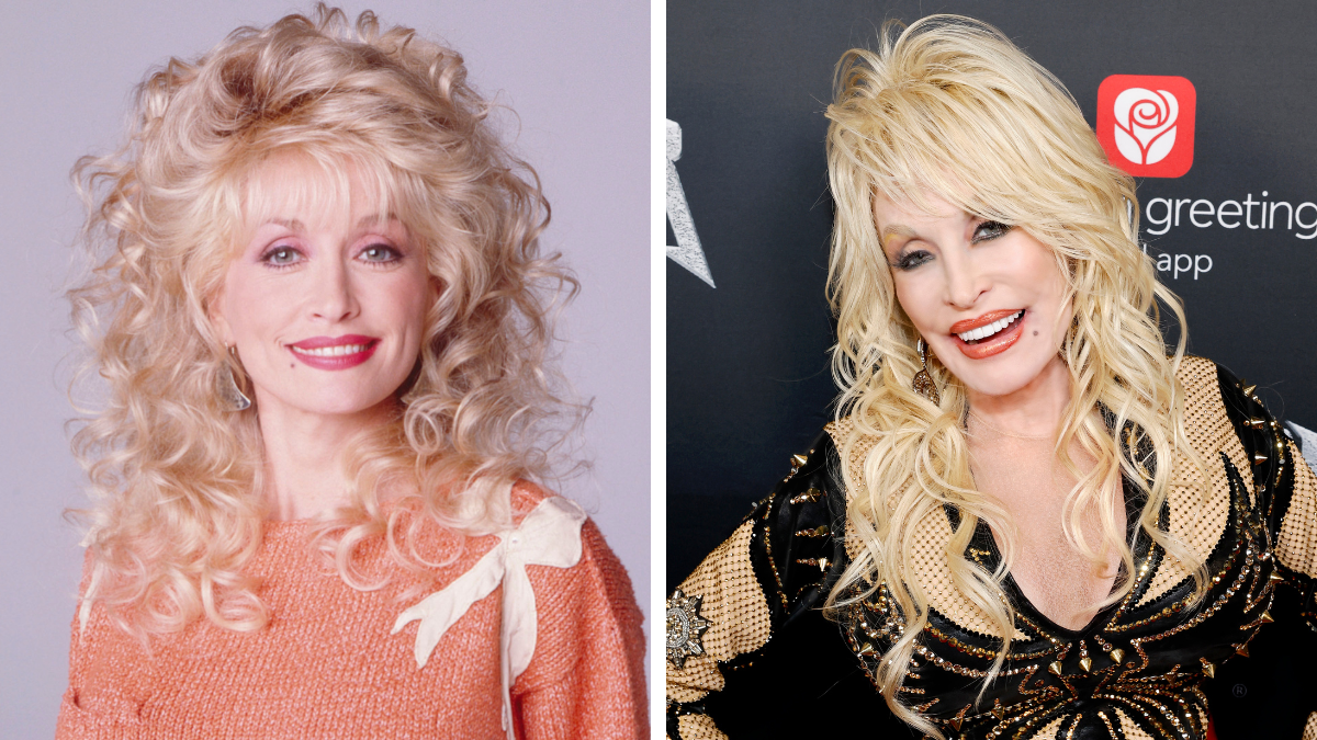 Dolly Parton during her time in the 'Steel Magnolias' cast in 1989, and Dolly in 2023