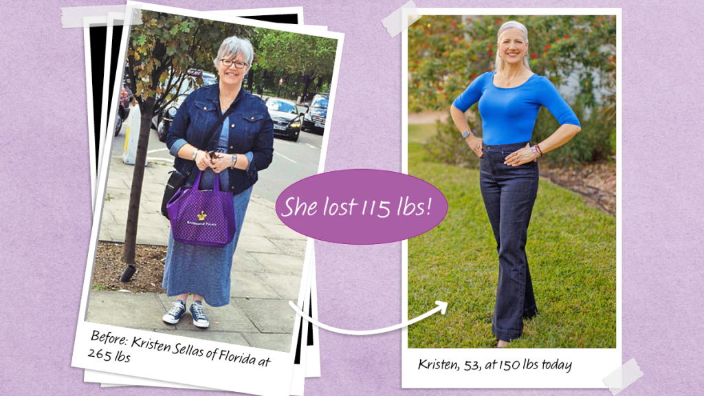 Before and after photos of Kristen Sellas who lost 115 lbs with the help of bone broth drinks