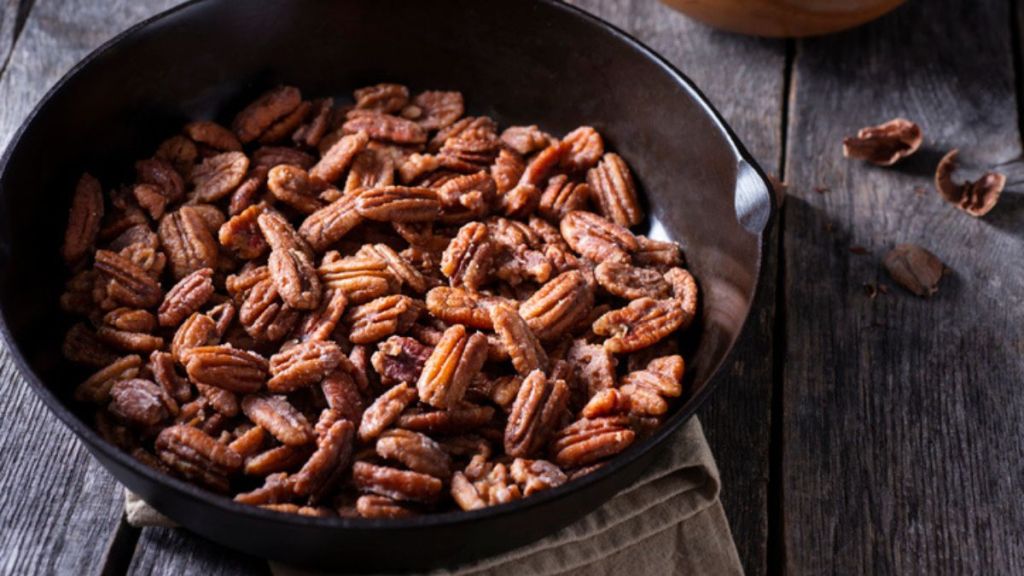Toasted pecans in pan
