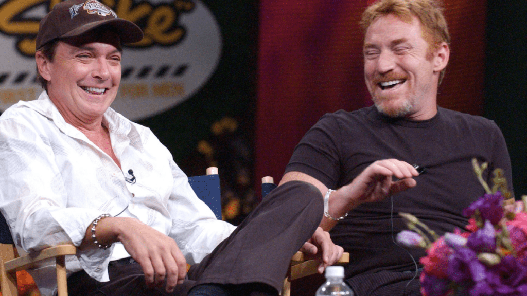 David Cassidy and Danny Bonaduce laugh together during MTV Networks TCA - July 23, 2004 at Century Plaza in Los Angeles, California.