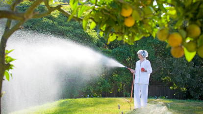 A woman wearing all-white and wearing headphones holds a hose to water the grass in her yard