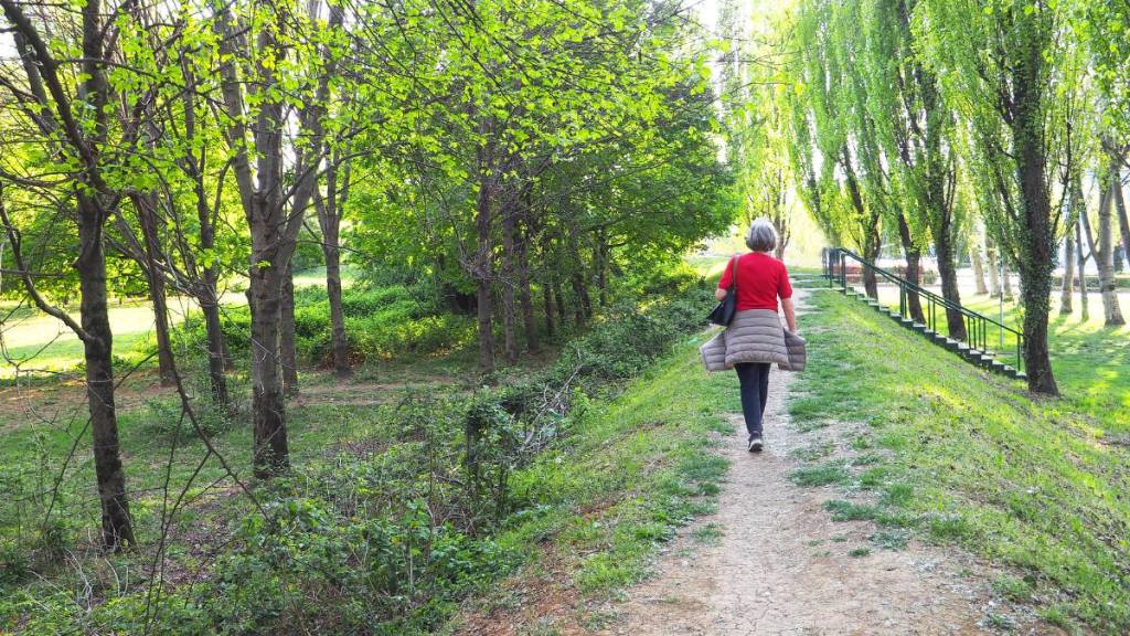 woman walking through trees