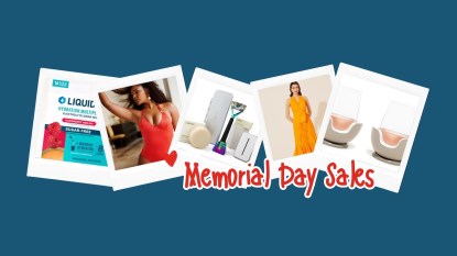 An image with a blue background and polaroid photos of various summer products and red bubble text that reads 'Memorial Day Sales.'