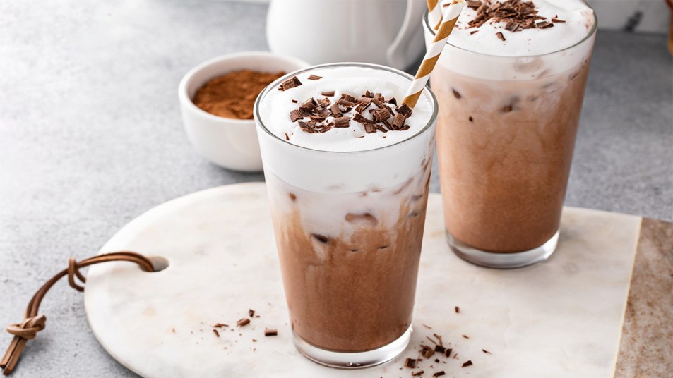 A chocolate drink topped with cold foam
