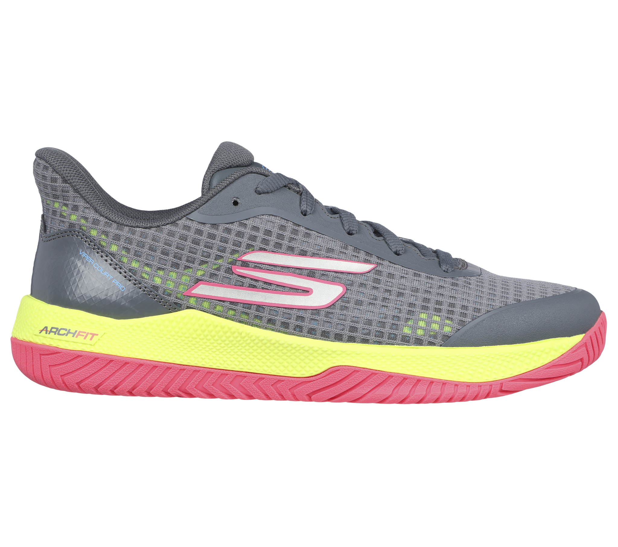 Grey, pink and yellow colored pickleball shoes by Skechers.