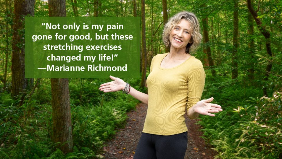 Marianne Richmond, who had pseudo sciatica, wearing a yellow shirt and standing in a forest