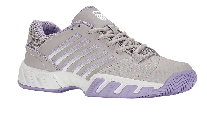 Women's pickleball shoes by K-Swiss in light grey and purple.