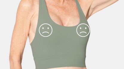 Older woman in a sports bra illustrating sad nipple syndrome