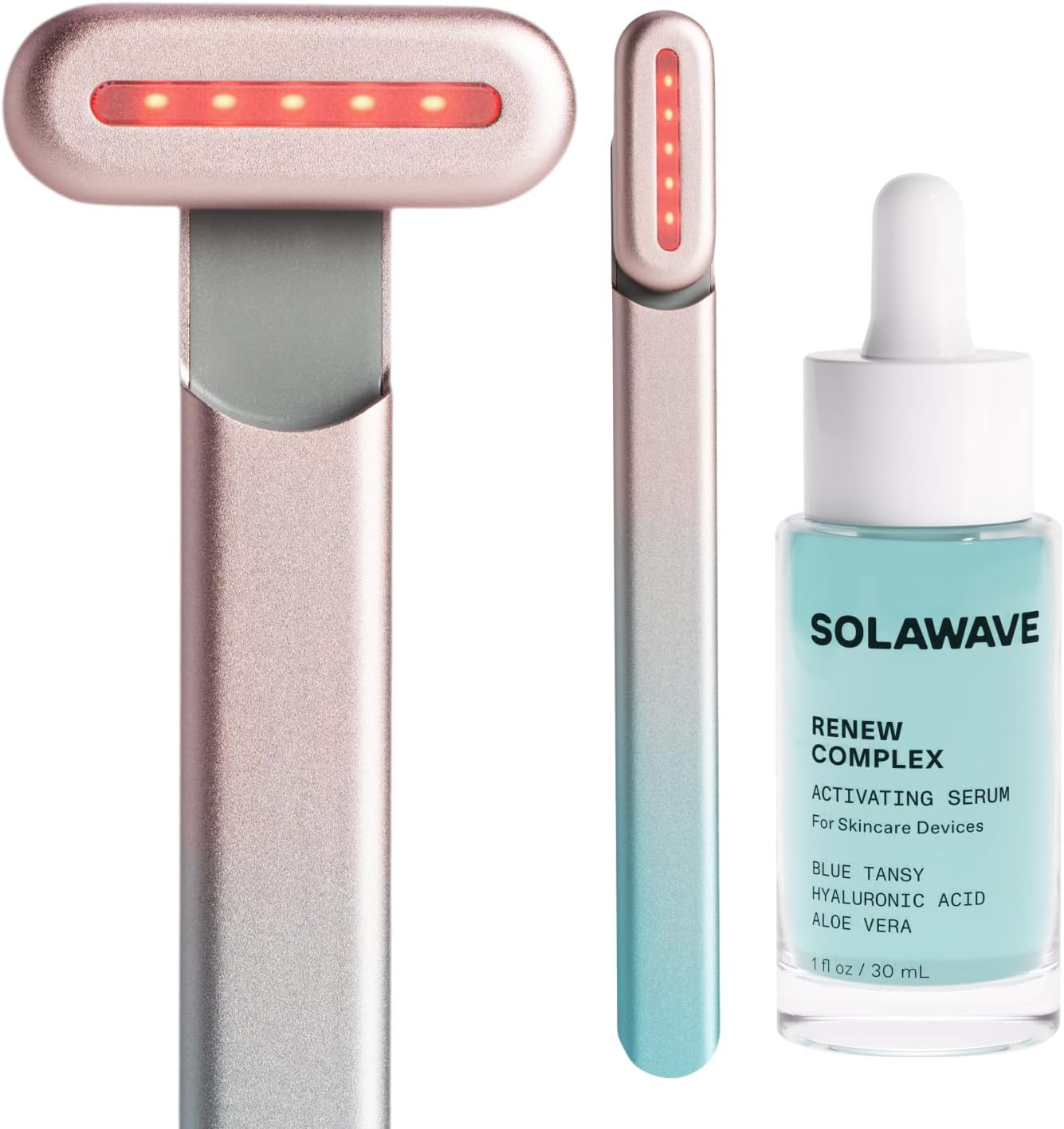 Roll over image to zoom in SolaWave 4-in-1 Facial Wand and Renew Complex Serum Bundle with a wand in pink and blue and a bottle of serum.