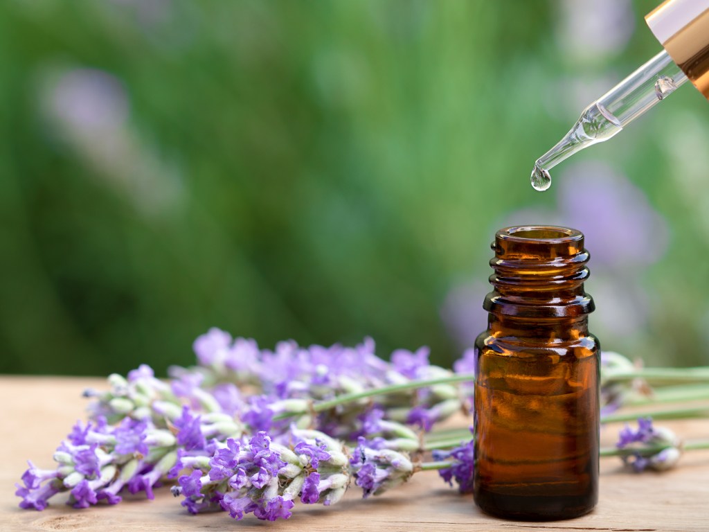Photo of bottle with glass bottle with lavender oil on a table with springs of fresh lavender