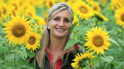 Woman in a field of sunflowers, the oil of which is good for hair