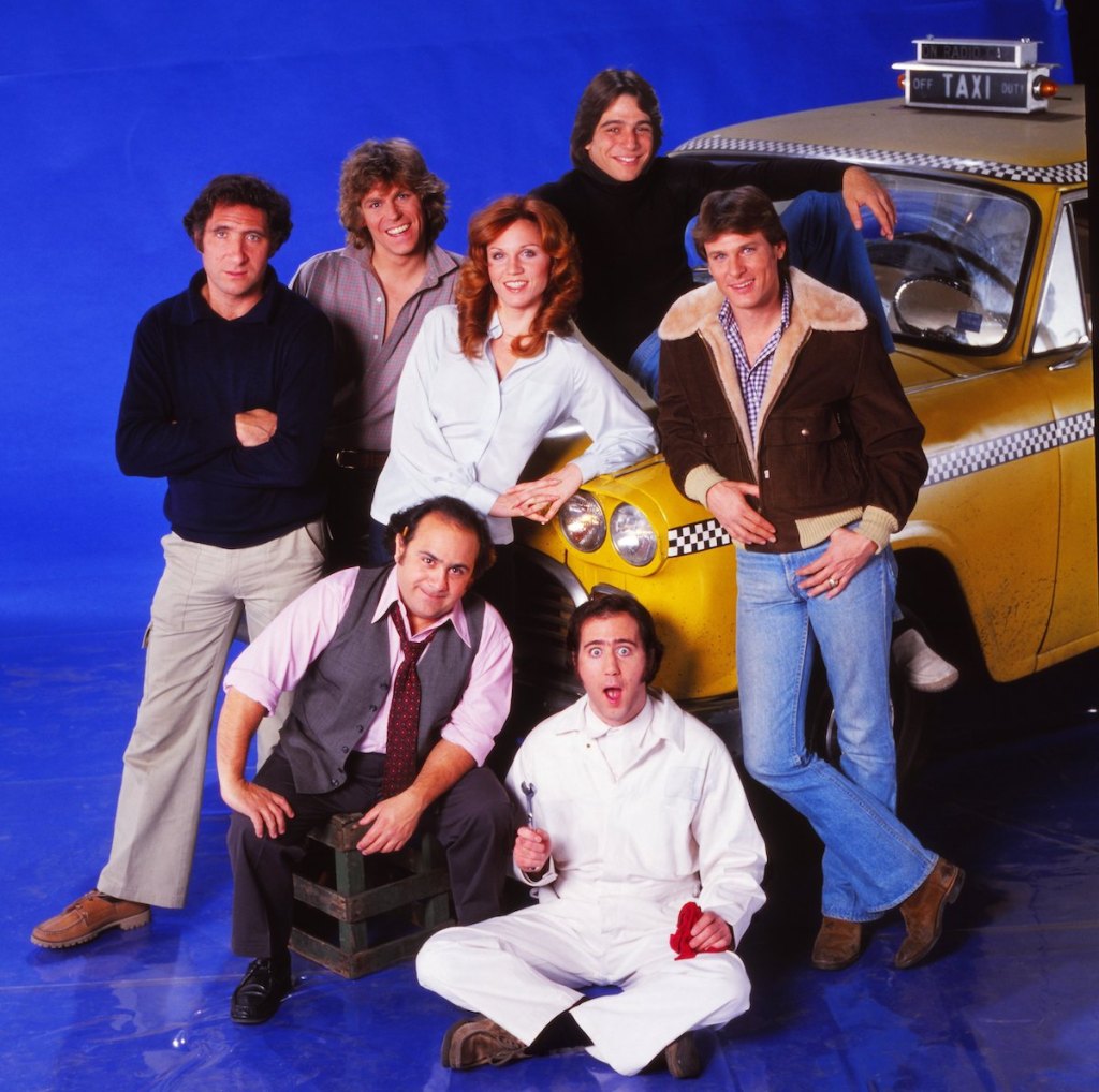 The cast of the TV series 'Taxi (clockwise from top: Tony Danza, Randall Carver, Andy Kaufman, Danny DeVito, Judd Hirsch, Jeff Conaway and Marilu Henner) poses for a portrait in 1979 in Los Angeles, California.