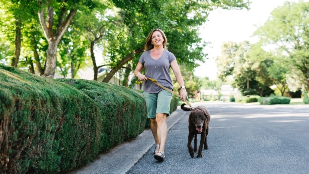 Woman walking a dog down a tree-lined street to reduce vertigo caused by stress