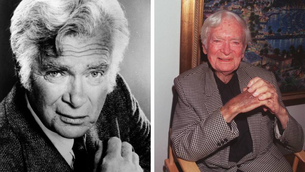Cast of Beverly Hillbillies: Buddy Ebsen sits smiling in a side by side picture