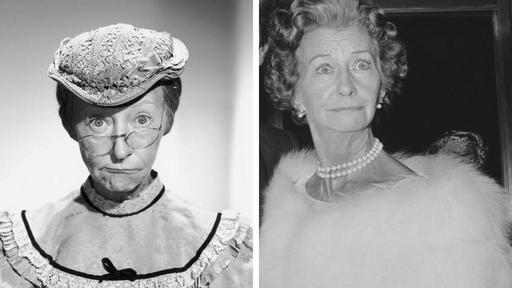 Cast of Beverly Hillbillies: Irene Ryan sits smiling in a side by side picture