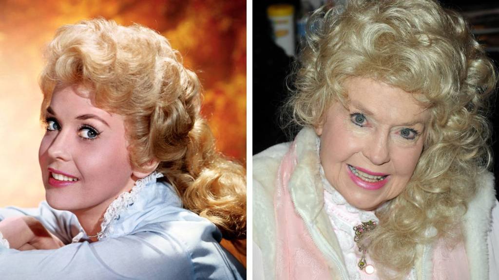 Cast of Beverly Hillbillies: Donna Douglas sits smiling in a side by side picture