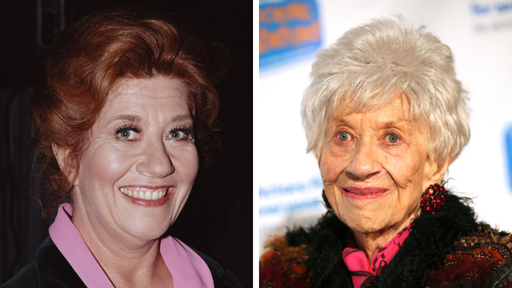 Side-by-side of Charlotte Rae in 1981 and 2017 The Facts of Life cast