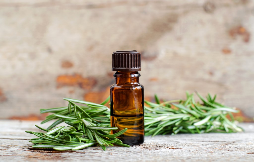 Rosemary next to small bottle of rosemary oil