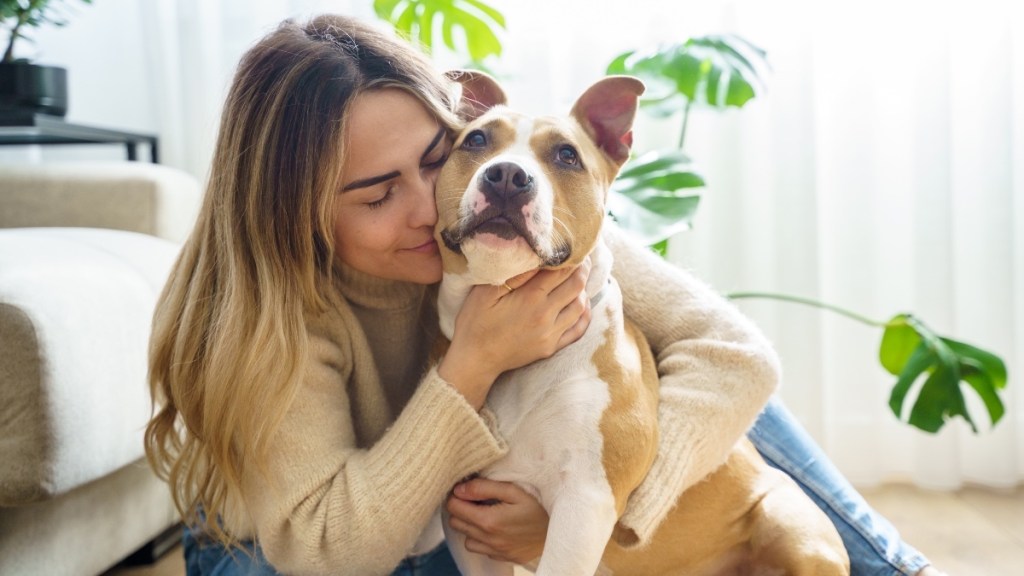 A woman in a sweater hugging her rescue dog