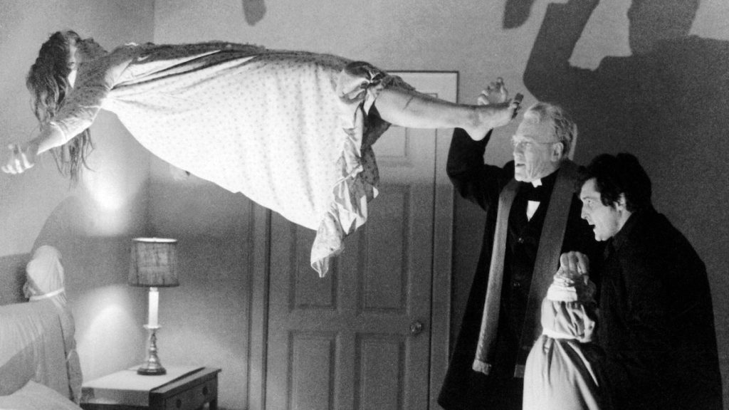 Linda Blair mid-air in The Exorcist, 1973 scariest movies