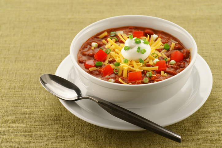 Bowl of chili topped with cheese and sour cream 
