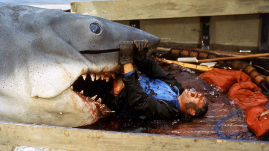 Robert Shaw and the shark in Jaws, 1975 scariest movies
