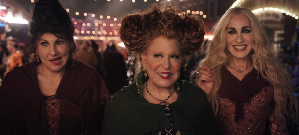 Kathy Najimy as Mary Sanderson, Bette Midler as Winifred Sanderson, and Sarah Jessica Parker as Sarah Sanderson in Disney's Hocus Pocus 2, 2022
