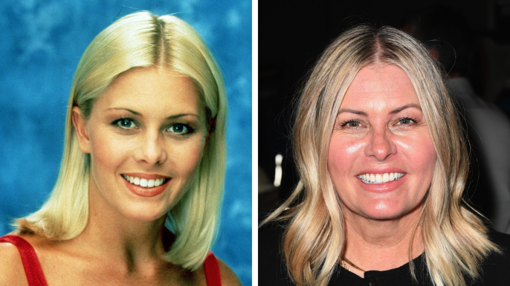 Side-by-side of Nicole Eggert in 'Baywatch' cast and now