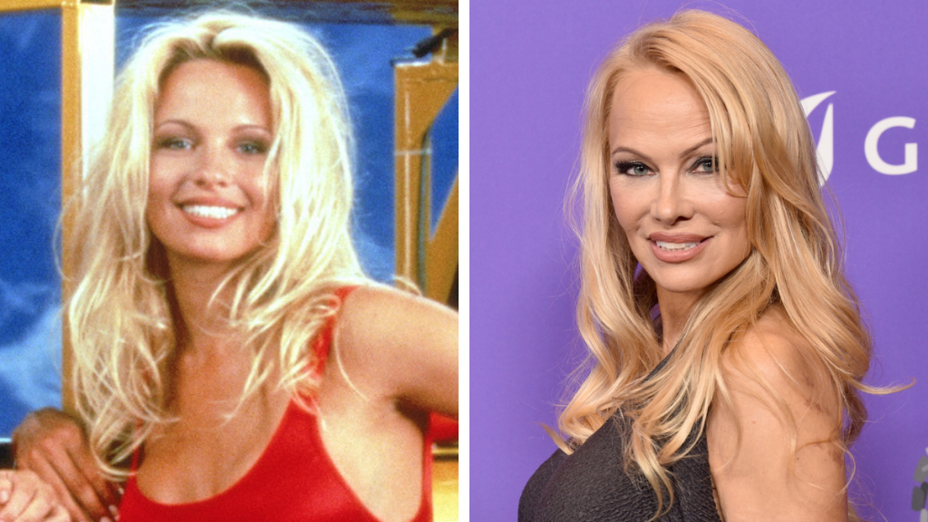 Side-by-side of Pamela Anderson in 'Baywatch' cast and now
