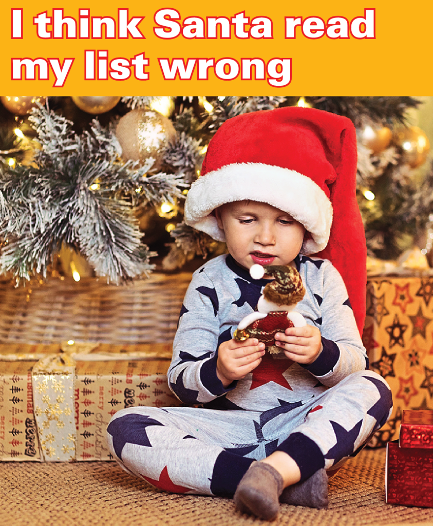 Santa jokes: Boy disappointed with his Christmas present and caption, "I think Santa read my list wrong