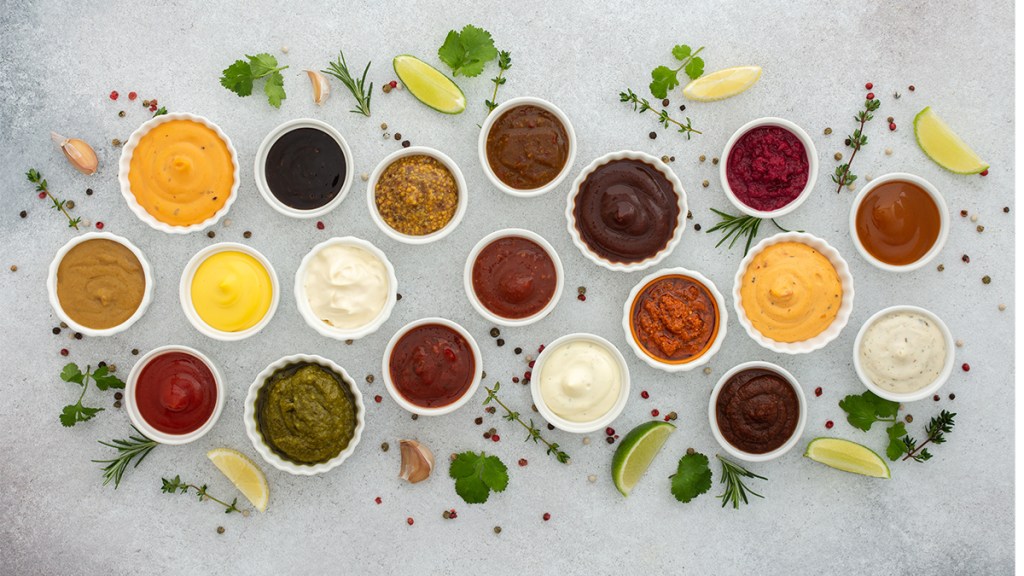 small dishes of mustard, horseradish and other bitter seasonings