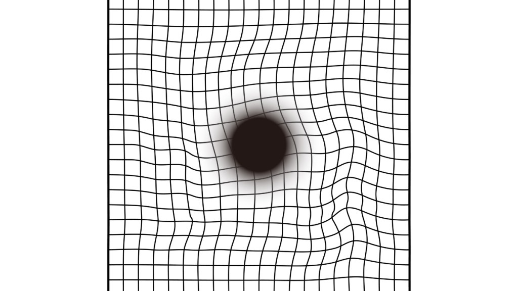 A blurry spot on a grid with wavy lines, illustrating early warning signs of macular degeneration