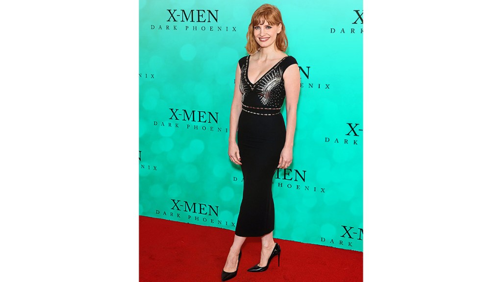 Jessica Chastain wearing a black dress with beaded accents