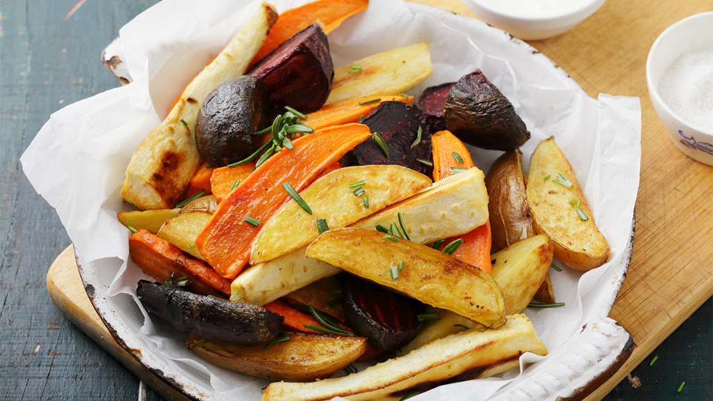 A recipe for Roasted Rainbow Root Vegetables as part of a guide answering the question: "Does apple cider vinegar go bad?"