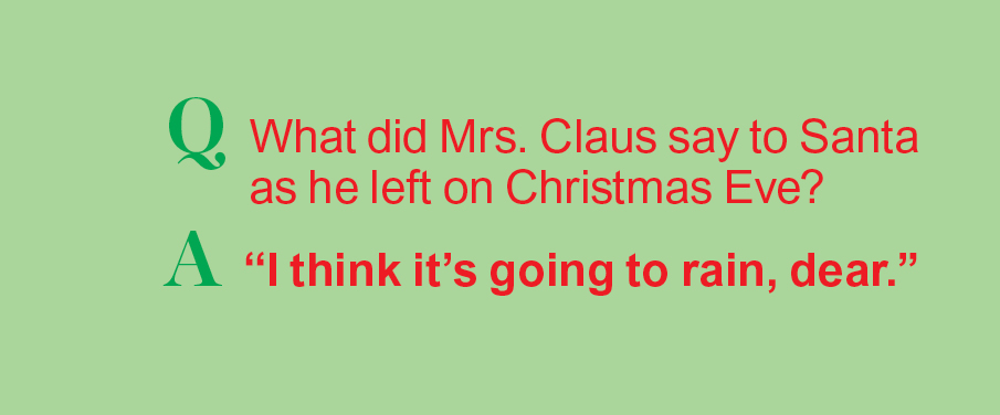 Santa jokes: Q: What did Mrs. Claus say to Santa as he left on Christmas Eve? A: "I think it's going to rain, dear."